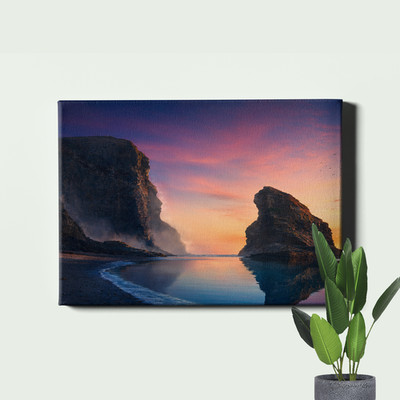 Conceptual Sea Cliffs Faces Sunset Scene Framed Canvas Wall Art 18x12inch