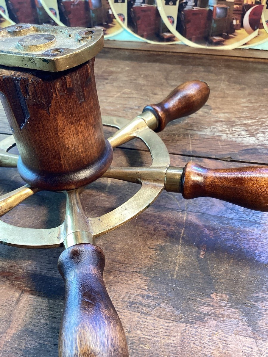 ANTIQUE 12” SHIP BOAT STEERING WHEEL BRASS WOOD NAUTICAL 6 HANDLE