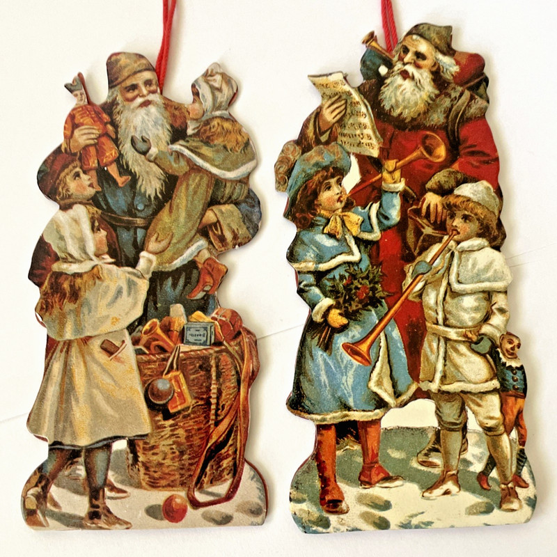 2 ~ NOS Vintage 1980s Die-Cut ~ VICTORIAN SANTA & KIDS ~ Candy Holder ORNAMENTS