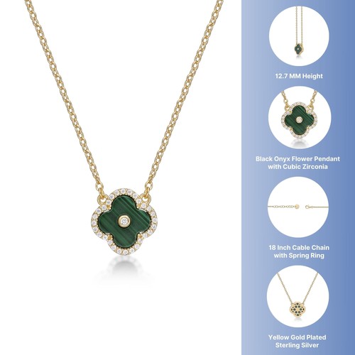 Halskette mit Anhänger Gelbgold plattiert 925 Sterlingsilber Malachit & CZ Blume - Bild 5 von 9