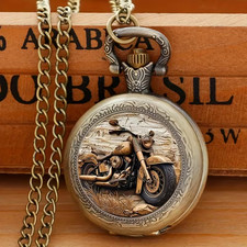 MOTORCYCLE Vintage Quartz Pocket Watch with Chain Pendent Retro Old School