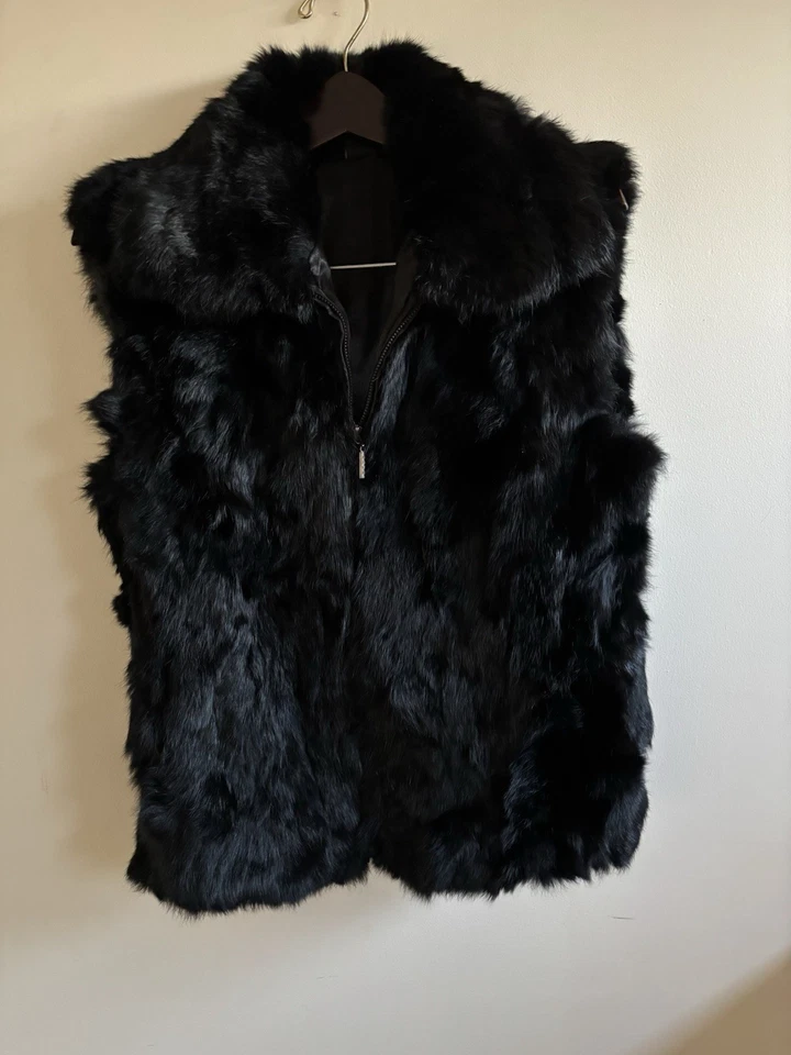 Chaleco Saks Fifth Avenue Real Rabbit Negro Piel Cuello Cremallera Talla M/L Mujer Foto 3 de 4