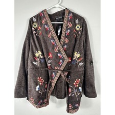 Tolani Collection Embroidered Floral Brown Kimono Jacket Womens L NWT