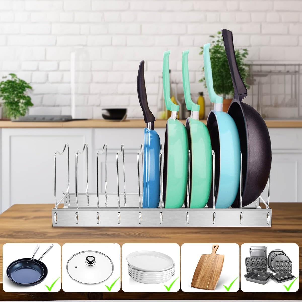 Adjustable Pot Lid Organizer Rack for Kitchen Cabinet Pots Pans Boards