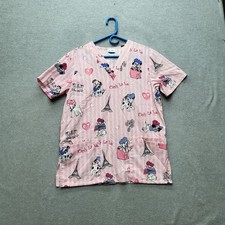 Disney Women Scrub Top S Pink Striped Graphic 101 Dalmatians DaDogs Hearts