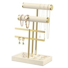 Bracelet Holder Jewelry Organizer Display - 3 Tier T Bar Velvet Stand Beige