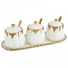 Porcelain Condiment Jar Spice Container with Lids, Spoon and Tray, Set of 3,M...