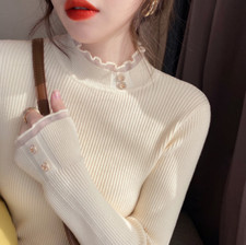 Womens Korean Ruffle Mock Neck Knit Tops Stretch Slim Fit Blouse Shirt Pullover