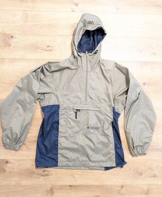 Columbia Windbreaker Jacket Men s Small Beige Navy Nylon Lightweight Packable