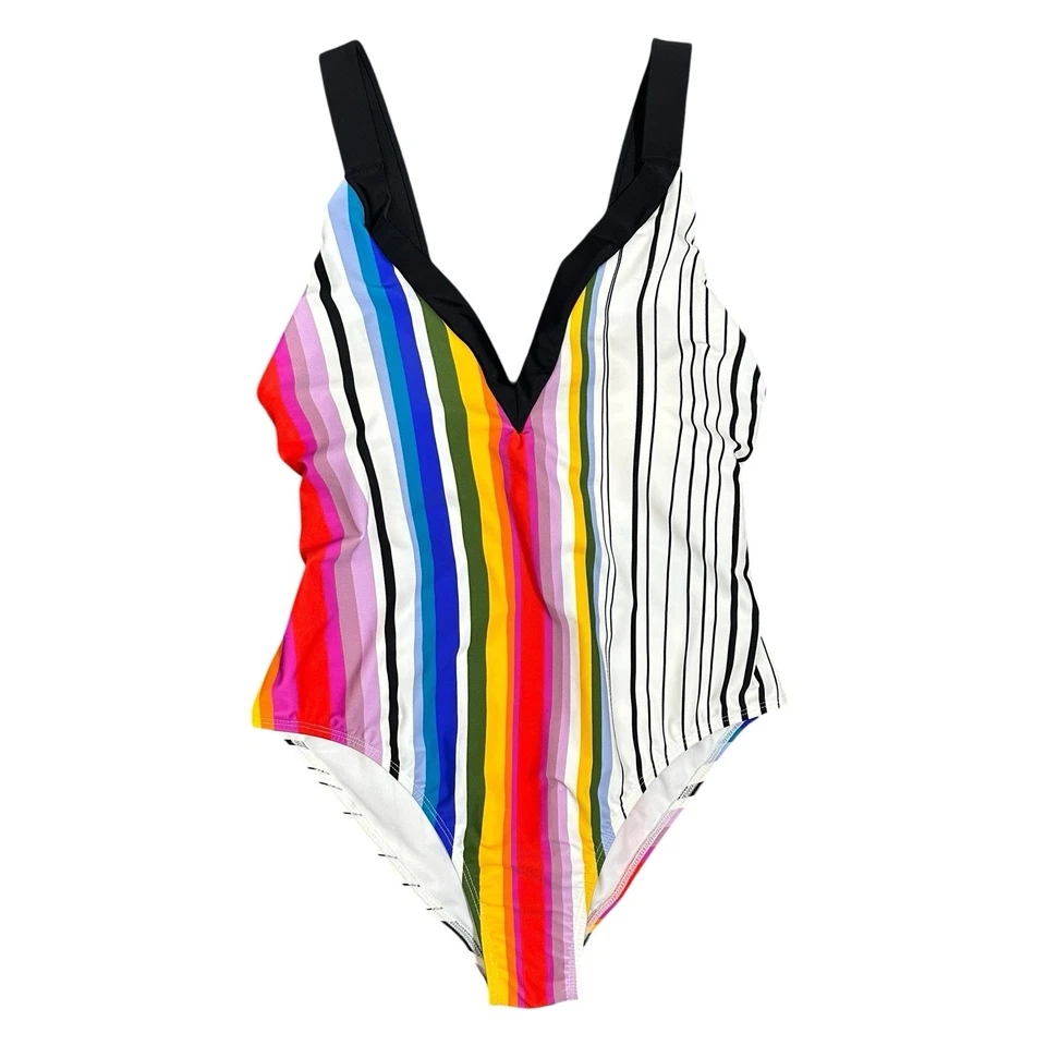 Traje de baño Rachel Roy con tiras enrejado espalda rayas arco iris 1 pieza talla 14 Resort Foto 3 de 4