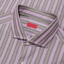 Isaia NWT Dress Shirt Size 46 18.5 in Purple/Brown/White Stripes 100 Cotton