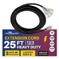 25ft Power Outdoor Extension Cord & Indoor - Waterproof Electric Drop Cord Cable