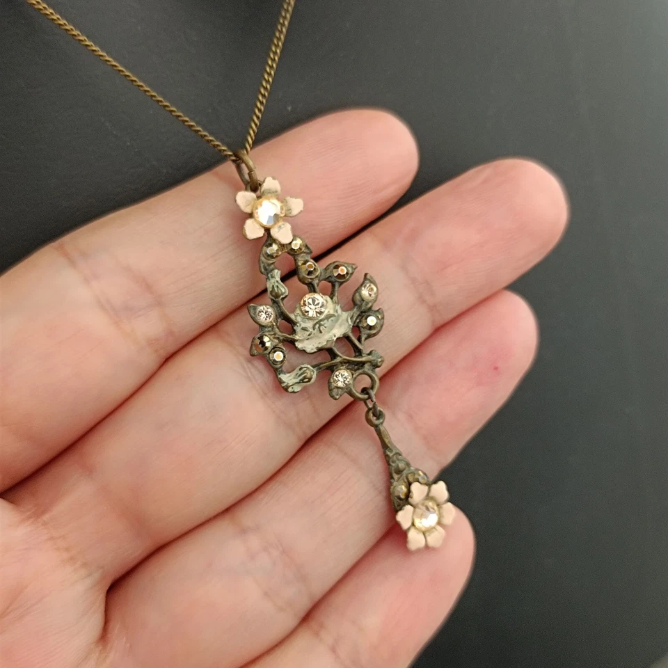 Collar Michal Negrin Romántico Shabby Chic Rosa Flor Esmalte Cristales Boho De Colección Foto 2 de 4