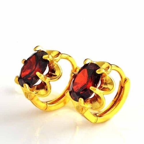 Pretty New Yellow Gold Filled Garnet Red Oval CZ Round Huggie Hoop Earrings - Picture 2 of 3