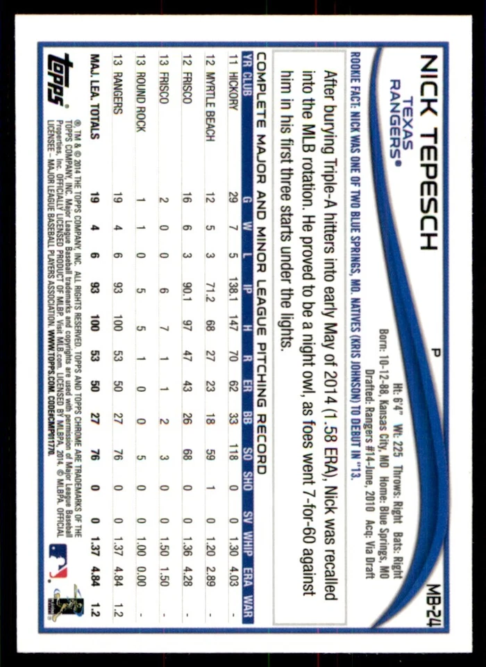 2014 Topps Chrome Update Nick Tepesch Texas Rangers #MB-24 - Image 2 of 2