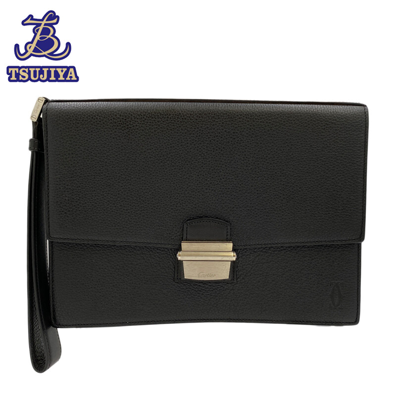 よっしーさん専用　Cartier 名刺入れ 黒 レザー Cartier Clutch bag Grained leather Logo Black Silver