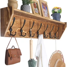 Wall Shelf with Hooks Underneath,35" Long Coat Rack Wall Mount with Shelf,7 T...