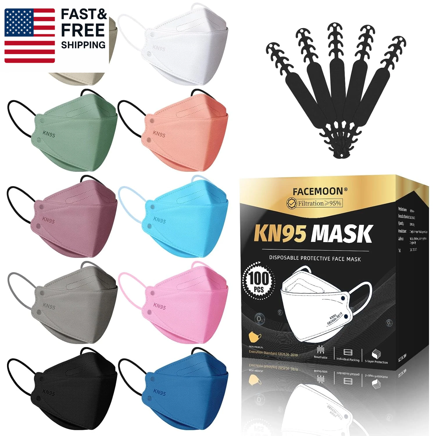 KN95 Face Mask Disposable Adults - 100 Pack Adjustable 5 Layer Protection KN95 F