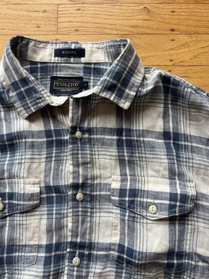 Pendleton Malone Blue White Plaid 100% Linen Men s Short Sleeve Size M