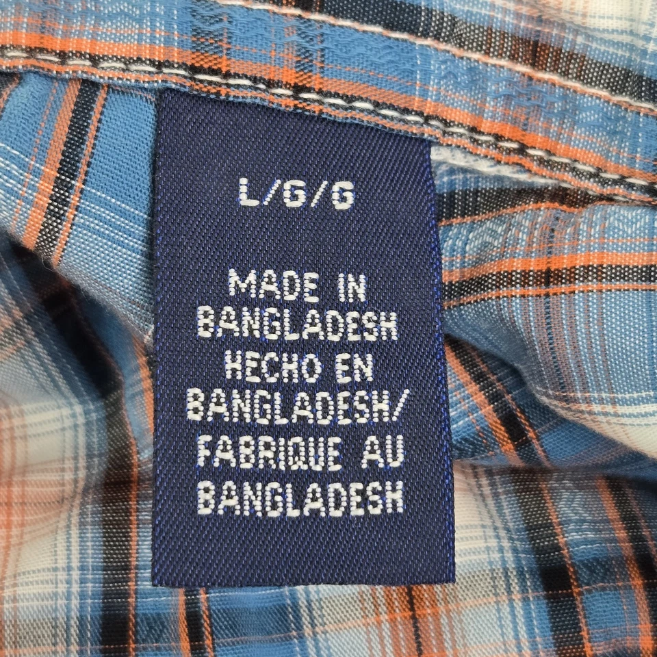 Wrangler 男孩纽扣衬衫 L 蓝色格子西部短袖珍珠扣 — 第 3/4 张图片