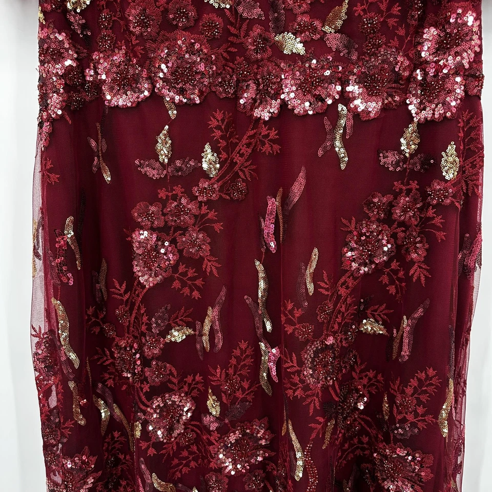 Mac Duggal Dress Womens 22W Burgundy Sequin Floral Mesh Maxi Gown Flutter Sleeve - Image 4 of 4