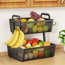 Fruit Basket Bowls with Banana Hangers | 2-Tier Metal Kitchen Counter Organizer