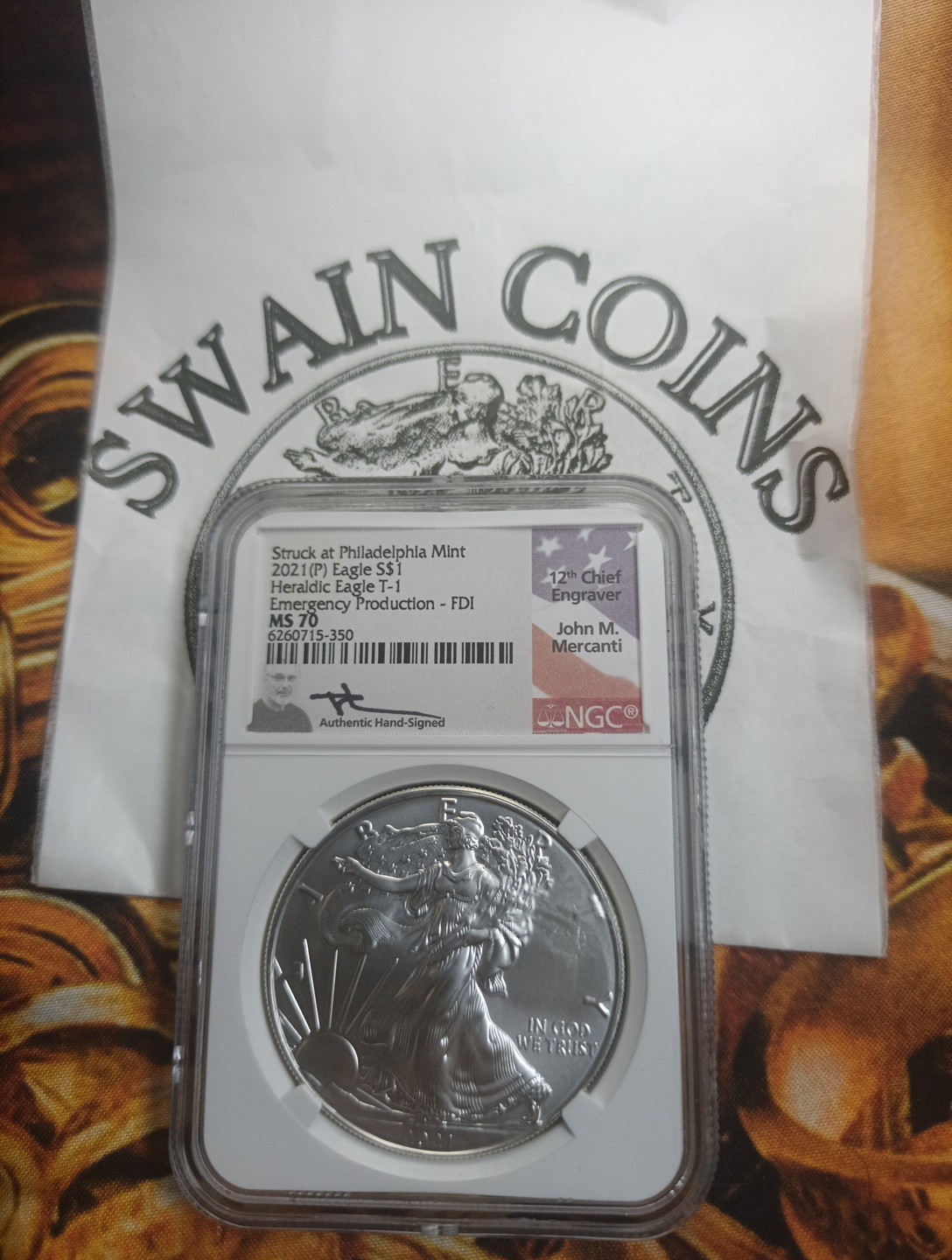 2021 P American SILVER EAGLE MS70 JOHN MERCANTI  Em Production Fdoi E14-68