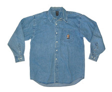 Vtg 90s WARNER BROS Looney Tunes Blue Jean TAZ TASMANIAN DEVIL DENIM SHIRT Men L