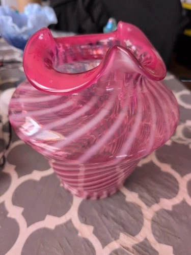 Vintage Fenton Cranberry Swirl Glass Opalescent Vase