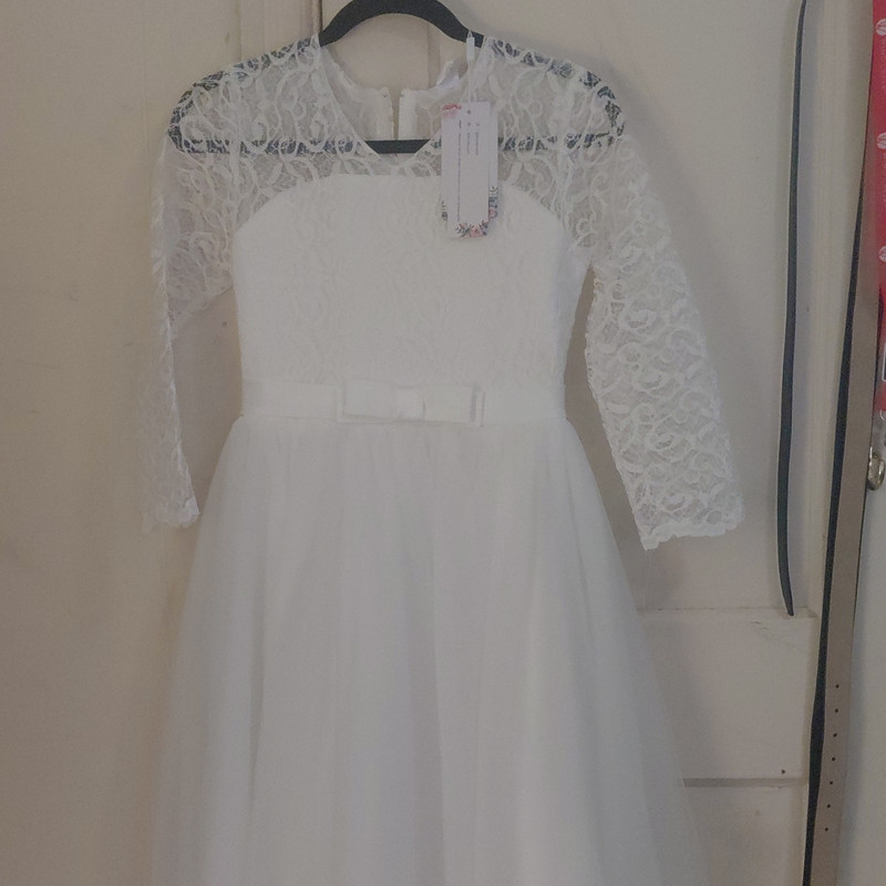 IBTOM CASTLE Girls White Lace Long Sleeve A-Line Long Dress Round Neck 13