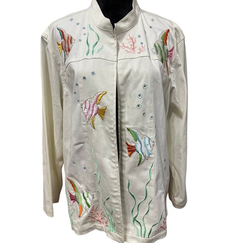 Quacker Factory Embroidered Jacket 2 XL White Fish Sequins Sea Tropical Beach - Picture 2 of 10