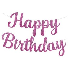 Glitter Hot Cursive Happy Birthday Banner - Pre-Strung 10 Feet, Happy Pink