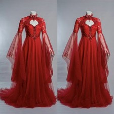 Vintage Red Celtic Wedding Dresses High Neck Long Bell Sleeve A Line Bridal Gown