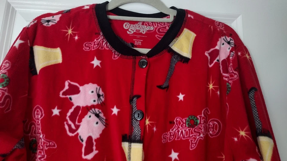 A Christmas Story Footed Fleece Pajamas Women’s Size XL 15/17 Button Up Red - Image 3 of 4