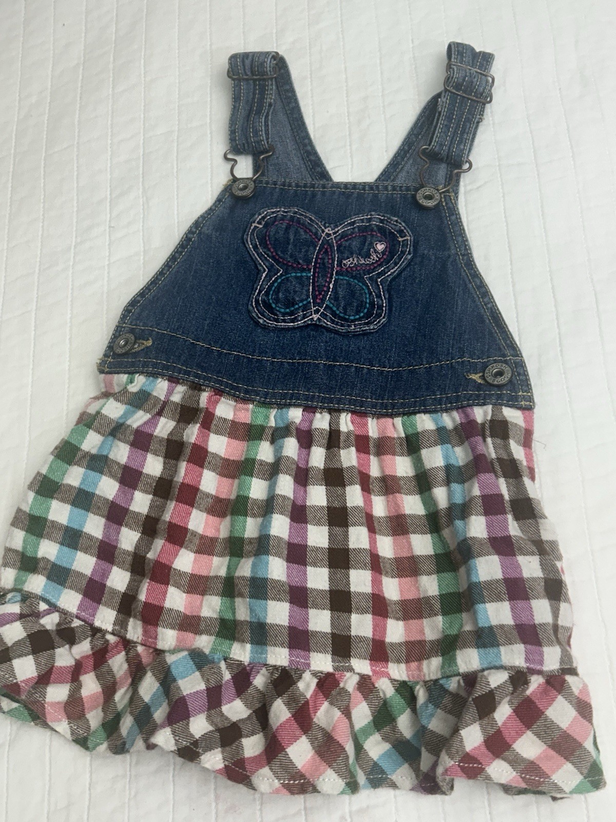 OshKosh B'gosh Girls 3T Denim Overall Dress Plaid vintage Ruffle 100% Cotton