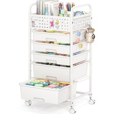 Sykiariol 5 Drawer Rolling Storage Cart Pegboard Top And Hooks Mobile Utility