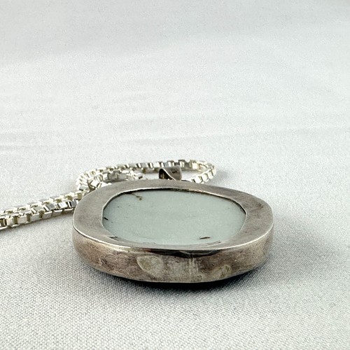 VTG 925 Silver Blue Ceramic Oval Pottery Pendant With 925 24” Chain Necklace - Picture 12 of 14