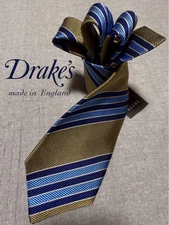 New Unused Drake's Neck Tie Gold Blue Stripe 100%Silk Handmade in England