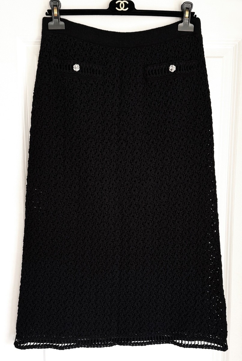 CHANEL 20P BLACK CROCHET KNIT CAMELLIA CC BUTTONS MIDI SKIRT 44 | eBay