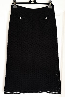 CHANEL 20P BLACK CROCHET KNIT CAMELLIA CC BUTTONS MIDI SKIRT 44 | eBay