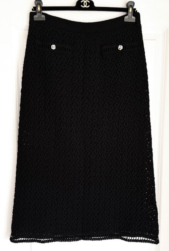CHANEL 20P BLACK CROCHET KNIT CAMELLIA CC BUTTONS MIDI SKIRT 44 - Picture 3 of 15