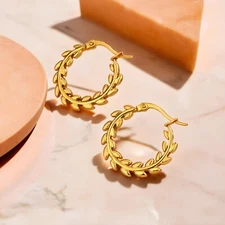 Leaf Round Gold Dangle Hoop Earrings 25mm Minimalist Jewellery Birthday Present