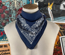 Vintage 60s Indigo Blue All Cotton Paisley Floral Print Rockabilly Bandana Hanky