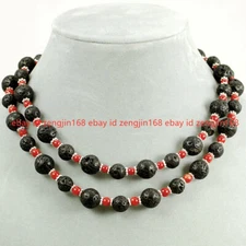 2 Rows 8/10mm Black Lava Rock Stone & Red Coral Gems Round Beads Necklace 17-18"