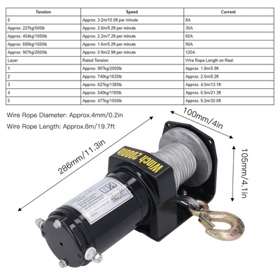 Electric Winch Kit 2000LBS Steel Wire Copper Core Terminal Electric Winch 24V