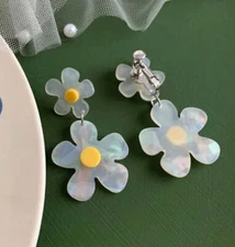 Trendy 2 1/4" clip on silver, yellow and white double flower dangle earrings