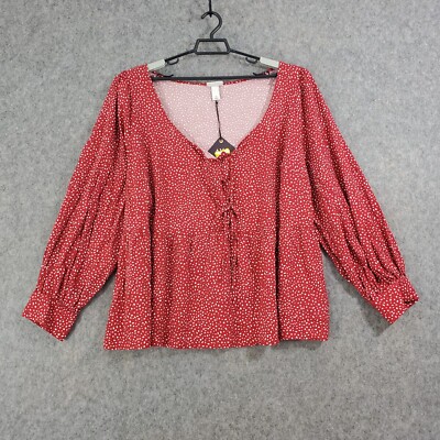 Ava & Viv Top Women 3X Red White Dotted Stretch Pullover Deep V Neck Ruffle Hem
