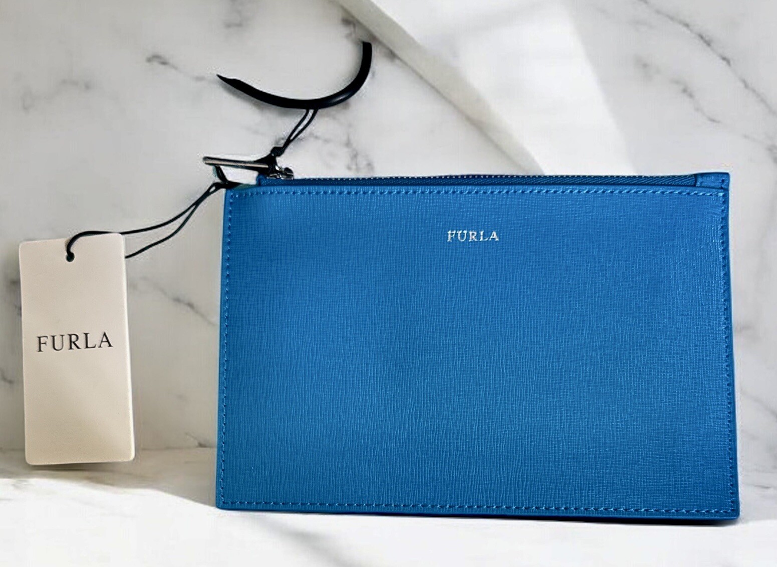 Furla Babylon Leather Pouch With Dust Bag NWT Rare Blue image 2