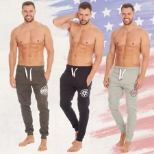 UK Mens Slim Fit Jog Pants Print Joggers American Themed Cuffed Lounging Pockets