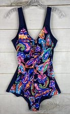 Gabar Swimsuit Womens Sz 16W Colorful Multicolor Paisley Print Ruched One Piece